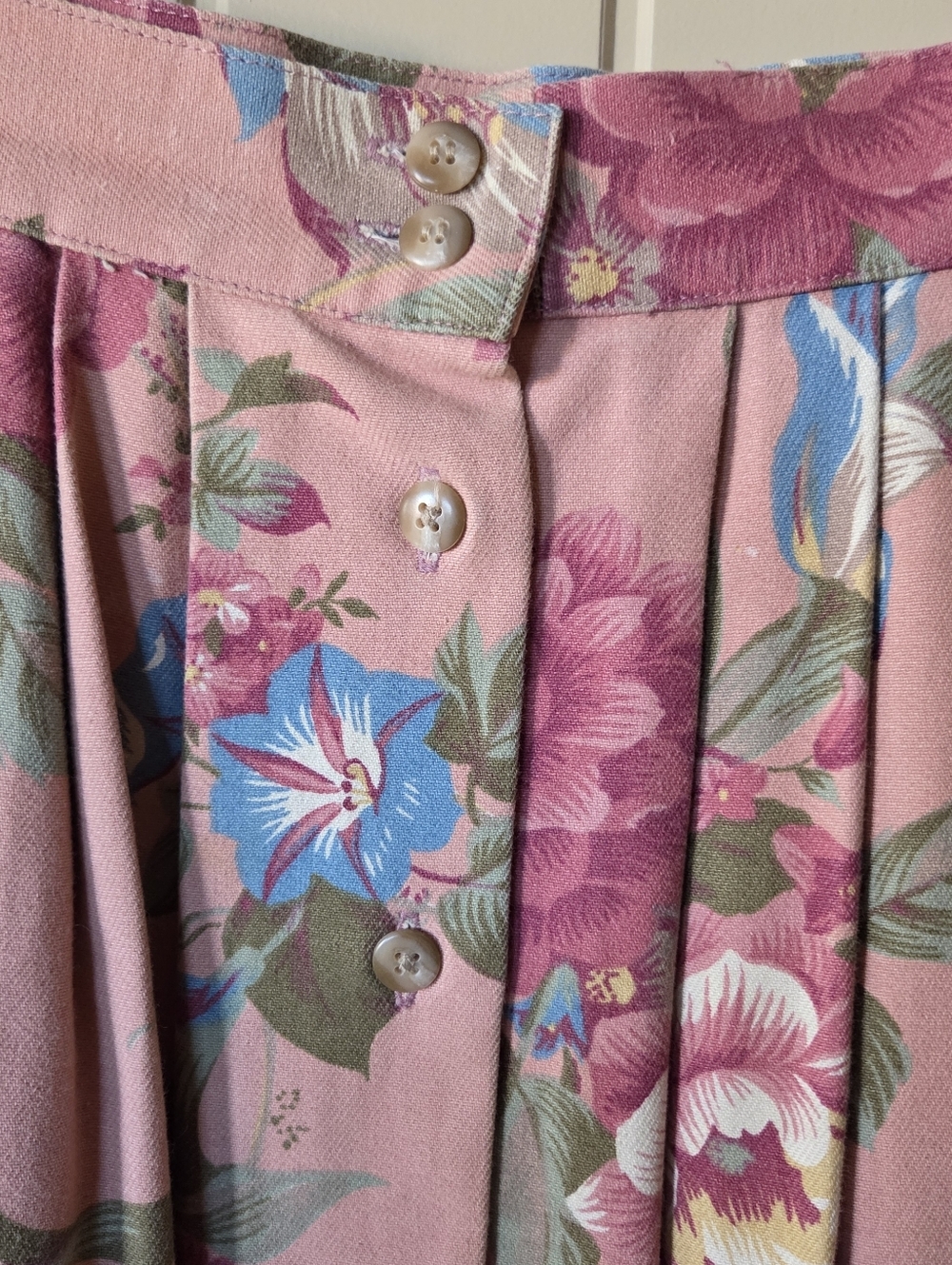 Vtg Ruff Hewn Floral Pleated Button Front Midi Skirt Pink Cotton Pockets USA 8 - Picture 3 of 12